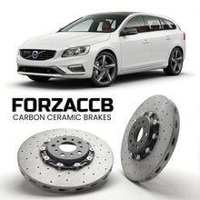 ForzaCCB direct OEM replacement carbon ceramic brake rotors for 2013-2018) Volvo V60 I (2013 facelift models, shown with a white Volvo V60 car.