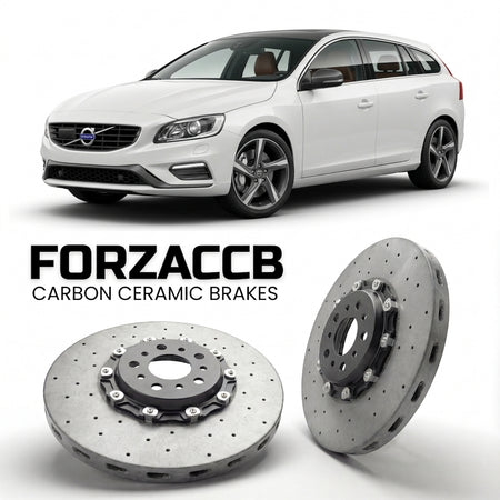 ForzaCCB direct OEM replacement carbon ceramic brake rotors for 2013-2018) Volvo V60 I (2013 facelift models, shown with a white Volvo V60 car.
