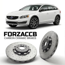ForzaCCB direct OEM replacement carbon ceramic brake rotors for 2015 to 2018 Volvo V60 I Cross Country models, shown with a white Volvo V60 car.