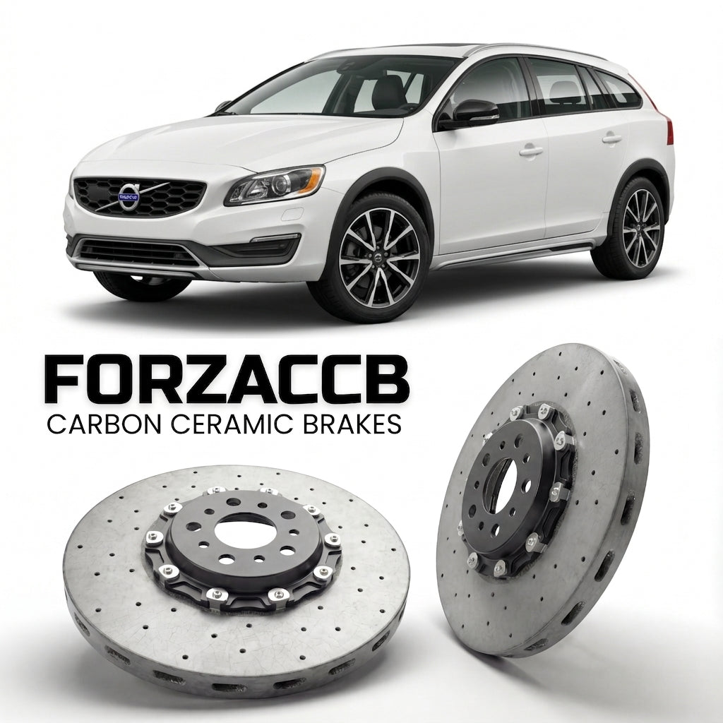 ForzaCCB direct OEM replacement carbon ceramic brake rotors for 2015 to 2018 Volvo V60 I Cross Country models, shown with a white Volvo V60 car.