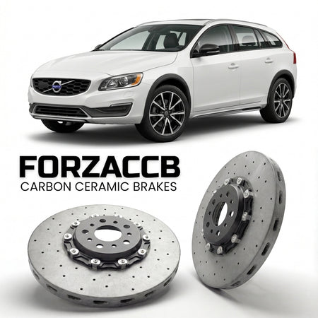 ForzaCCB direct OEM replacement carbon ceramic brake rotors for 2015 to 2018 Volvo V60 I Cross Country models, shown with a white Volvo V60 car.