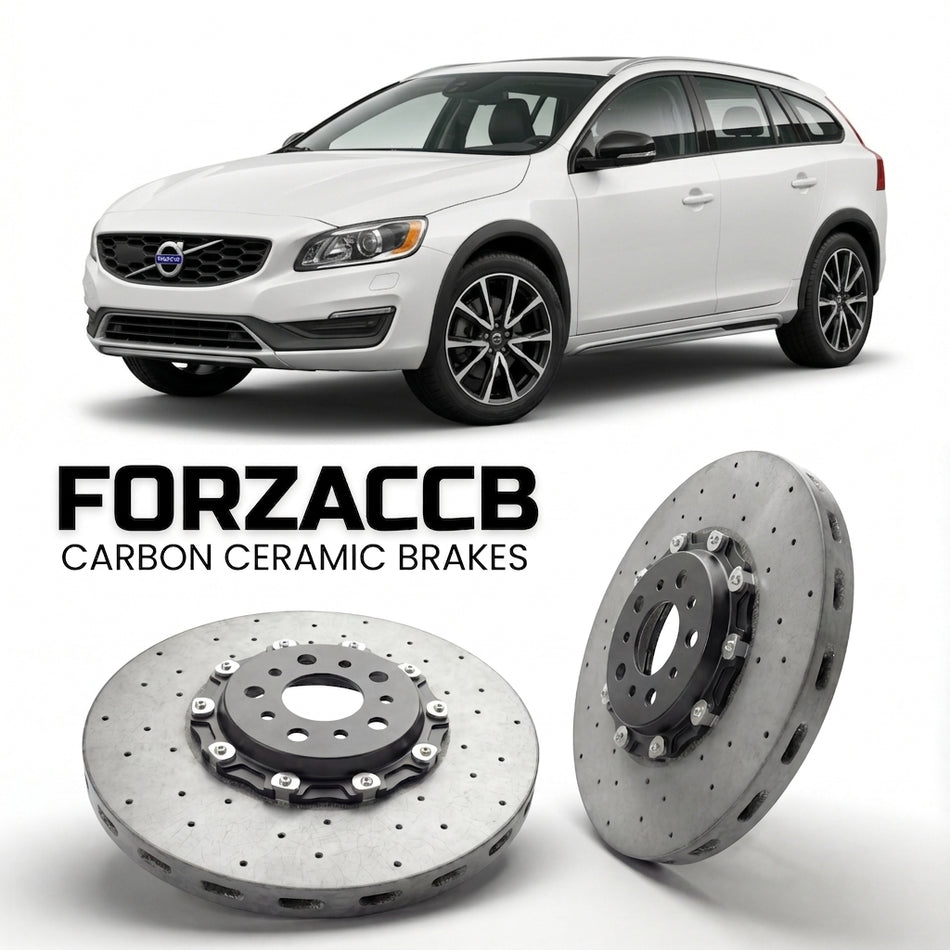 ForzaCCB direct OEM replacement carbon ceramic brake rotors for 2015 to 2018 Volvo V60 I Cross Country models, shown with a white Volvo V60 car.