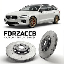 ForzaCCB direct OEM replacement carbon ceramic brake rotors for 2018 and newer Volvo V60 II models, shown with a white Volvo V60 car.