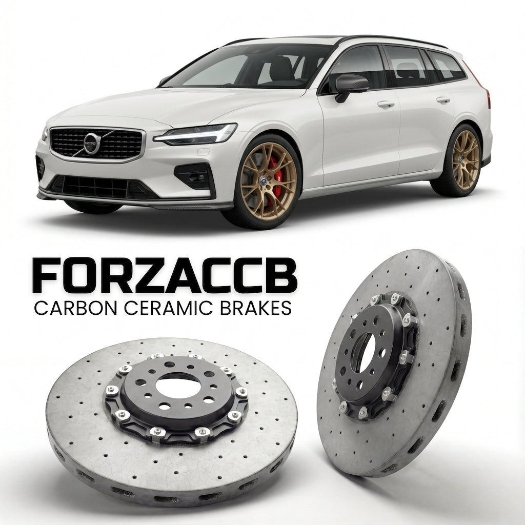 ForzaCCB direct OEM replacement carbon ceramic brake rotors for 2018 and newer Volvo V60 II models, shown with a white Volvo V60 car.