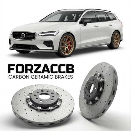 ForzaCCB direct OEM replacement carbon ceramic brake rotors for 2018 and newer Volvo V60 II models, shown with a white Volvo V60 car.