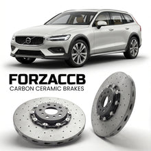 ForzaCCB direct OEM replacement carbon ceramic brake rotors for 2018 and newer Volvo V60 II Cross Country models, shown with a white Volvo V60 car.