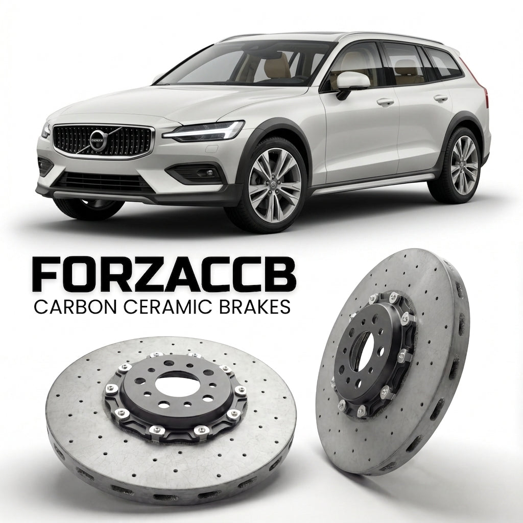 ForzaCCB direct OEM replacement carbon ceramic brake rotors for 2018 and newer Volvo V60 II Cross Country models, shown with a white Volvo V60 car.