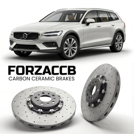 ForzaCCB direct OEM replacement carbon ceramic brake rotors for 2018 and newer Volvo V60 II Cross Country models, shown with a white Volvo V60 car.