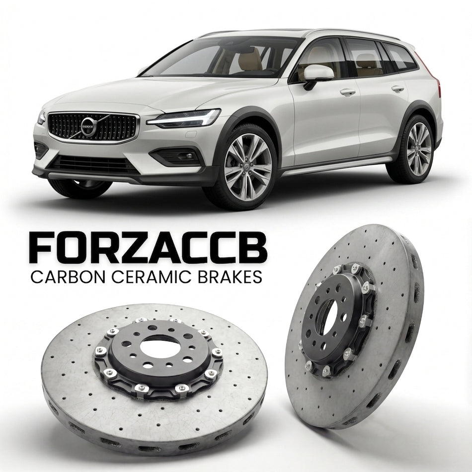 ForzaCCB direct OEM replacement carbon ceramic brake rotors for 2018 and newer Volvo V60 II Cross Country models, shown with a white Volvo V60 car.