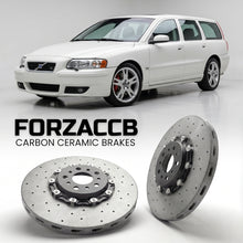 ForzaCCB direct OEM replacement carbon ceramic brake rotors for 2005-2007) Volvo V70 II (facelift 2004 models, shown with a white Volvo V70 car.