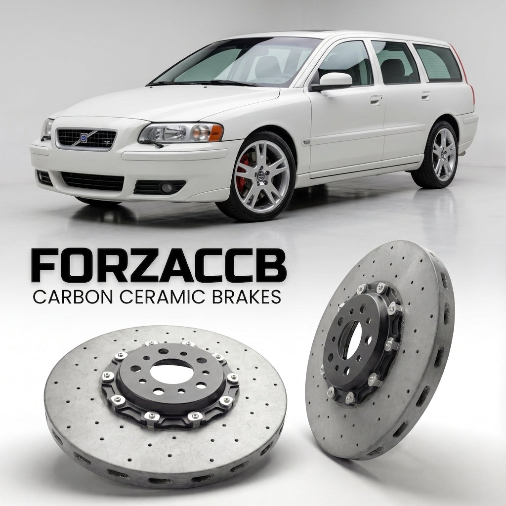 ForzaCCB direct OEM replacement carbon ceramic brake rotors for 2005-2007) Volvo V70 II (facelift 2004 models, shown with a white Volvo V70 car.
