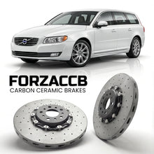 ForzaCCB direct OEM replacement carbon ceramic brake rotors for 2007 to 2013 Volvo V70 III models, shown with a white Volvo V70 car.