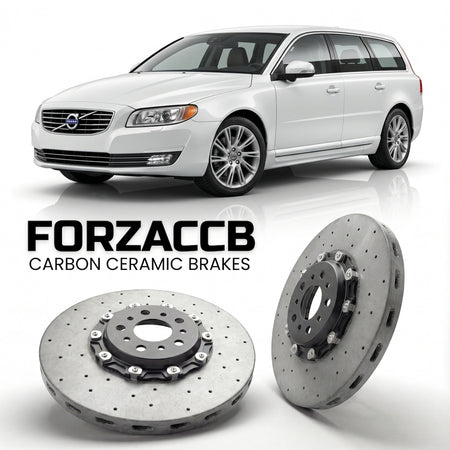ForzaCCB direct OEM replacement carbon ceramic brake rotors for 2007 to 2013 Volvo V70 III models, shown with a white Volvo V70 car.