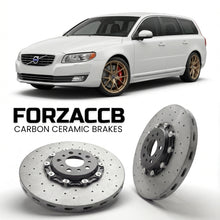 ForzaCCB direct OEM replacement carbon ceramic brake rotors for 2013-2016) Volvo V70 III (facelift 2013 models, shown with a white Volvo V70 car.