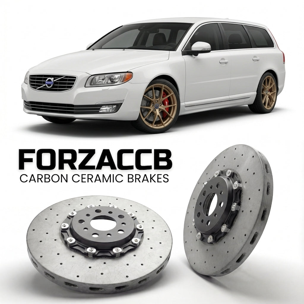 ForzaCCB direct OEM replacement carbon ceramic brake rotors for 2013-2016) Volvo V70 III (facelift 2013 models, shown with a white Volvo V70 car.