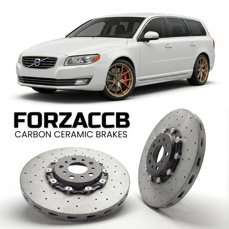 ForzaCCB direct OEM replacement carbon ceramic brake rotors for 2013-2016) Volvo V70 III (facelift 2013 models, shown with a white Volvo V70 car.