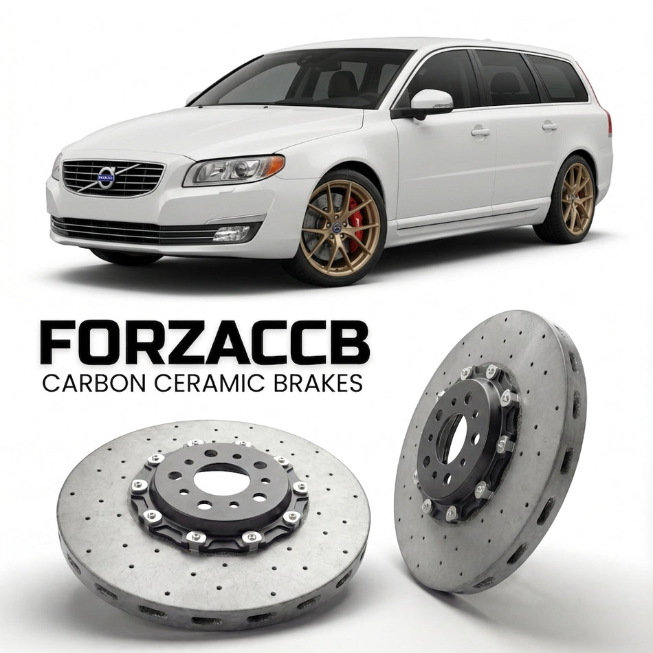 ForzaCCB direct OEM replacement carbon ceramic brake rotors for 2013-2016) Volvo V70 III (facelift 2013 models, shown with a white Volvo V70 car.