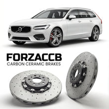 ForzaCCB direct OEM replacement carbon ceramic brake rotors for 2016 to 2020 Volvo V90 2016 models, shown with a white Volvo V90 car.