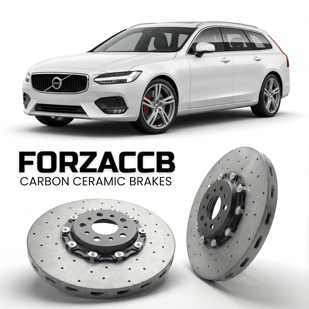 ForzaCCB direct OEM replacement carbon ceramic brake rotors for 2016 to 2020 Volvo V90 2016 models, shown with a white Volvo V90 car.