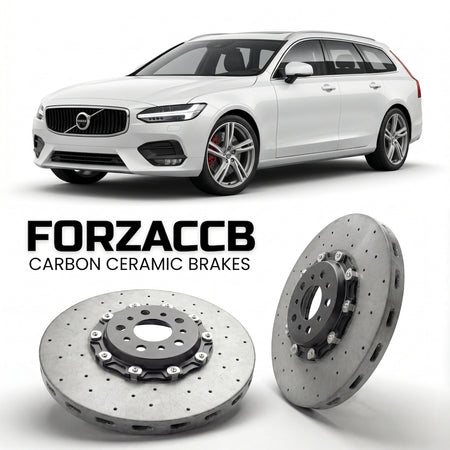 ForzaCCB direct OEM replacement carbon ceramic brake rotors for 2016 to 2020 Volvo V90 2016 models, shown with a white Volvo V90 car.