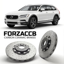 ForzaCCB direct OEM replacement carbon ceramic brake rotors for 2016 to 2020 Volvo V90 Cross Country models, shown with a white Volvo V90 car.