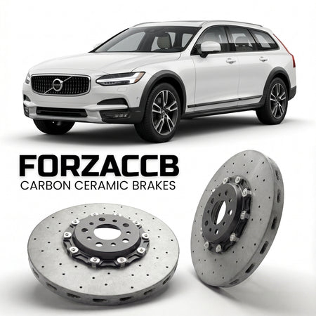ForzaCCB direct OEM replacement carbon ceramic brake rotors for 2016 to 2020 Volvo V90 Cross Country models, shown with a white Volvo V90 car.