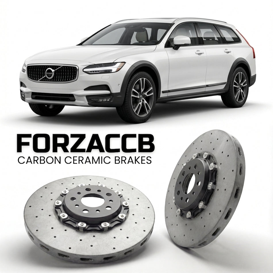 ForzaCCB direct OEM replacement carbon ceramic brake rotors for 2016 to 2020 Volvo V90 Cross Country models, shown with a white Volvo V90 car.