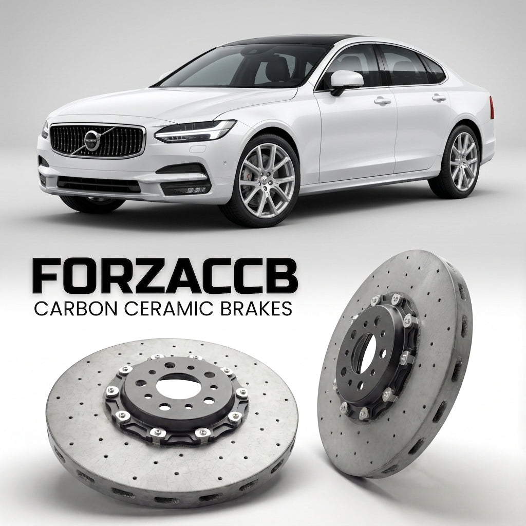 ForzaCCB direct OEM replacement carbon ceramic brake rotors for 2020+) Volvo V90 Cross Country (facelift 2020 models, shown with a white Volvo V90 car.