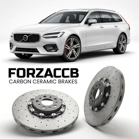 ForzaCCB direct OEM replacement carbon ceramic brake rotors for 2020 and newer Volvo V90 facelift 2020 models, shown with a white Volvo V90 car.