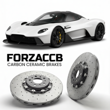 ForzaCCB direct OEM replacement carbon ceramic brake rotors for 2021 to 2024 Aston Martin Valkyrie models, shown with a white Aston Martin Valkyrie car.