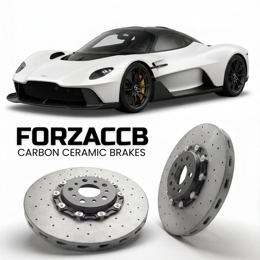 ForzaCCB direct OEM replacement carbon ceramic brake rotors for 2021 to 2024 Aston Martin Valkyrie models, shown with a white Aston Martin Valkyrie car.