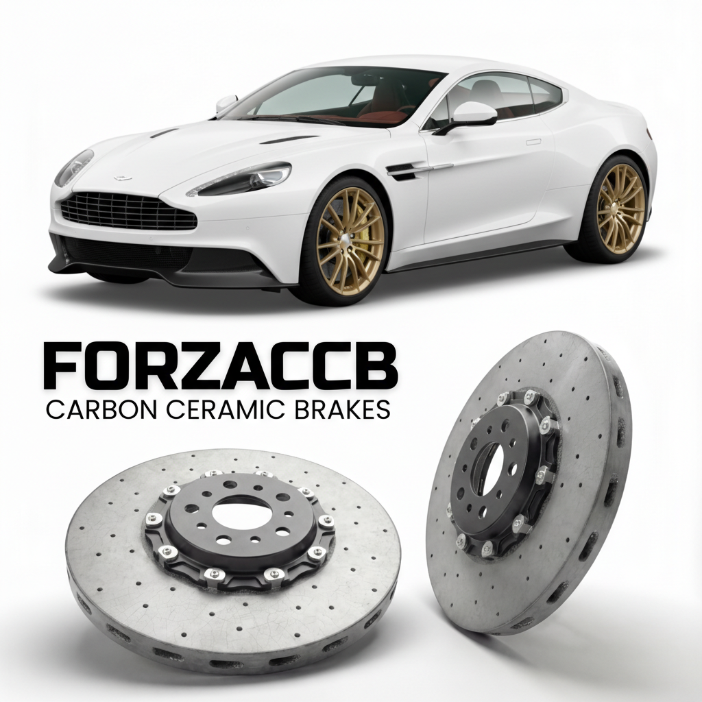 ForzaCCB direct OEM replacement carbon ceramic brake rotors for 2012 to 2018 Aston Martin Vanquish VH models, shown with a white Aston Martin Vanquish car.