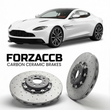 ForzaCCB direct OEM replacement carbon ceramic brake rotors for 2024 and newer Aston Martin Vanquish models, shown with a white Aston Martin Vanquish car.
