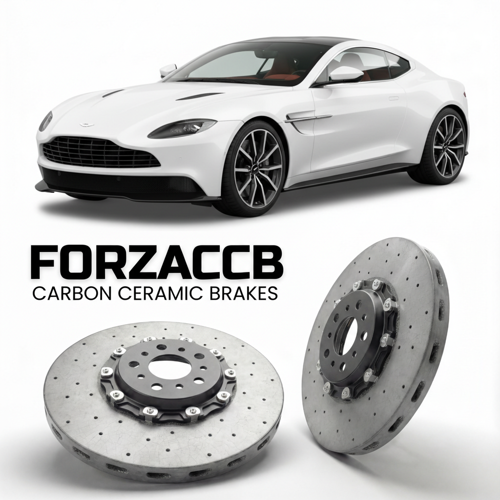 ForzaCCB direct OEM replacement carbon ceramic brake rotors for 2024 and newer Aston Martin Vanquish models, shown with a white Aston Martin Vanquish car.