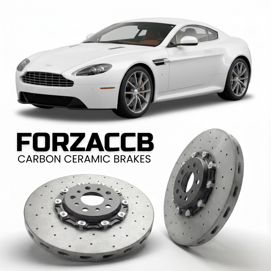ForzaCCB direct OEM replacement carbon ceramic brake rotors for 2005 to 2017 Aston Martin Vantage VH models, shown with a white Aston Martin Vantage car.