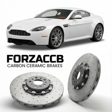 ForzaCCB direct OEM replacement carbon ceramic brake rotors for 2005 to 2017 Aston Martin Vantage VH models, shown with a white Aston Martin Vantage car.