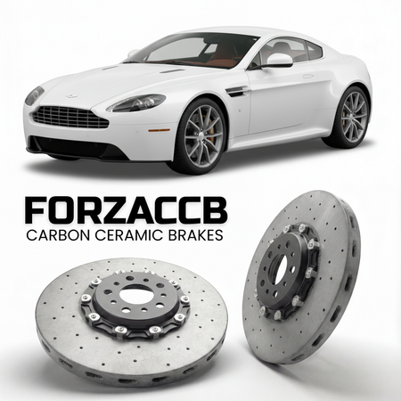 ForzaCCB direct OEM replacement carbon ceramic brake rotors for 2005 to 2017 Aston Martin Vantage VH models, shown with a white Aston Martin Vantage car.