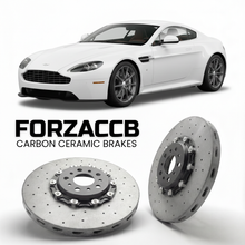 ForzaCCB direct OEM replacement carbon ceramic brake rotors for 2009 to 2017 Aston Martin Vantage VH models, shown with a white Aston Martin Vantage car.