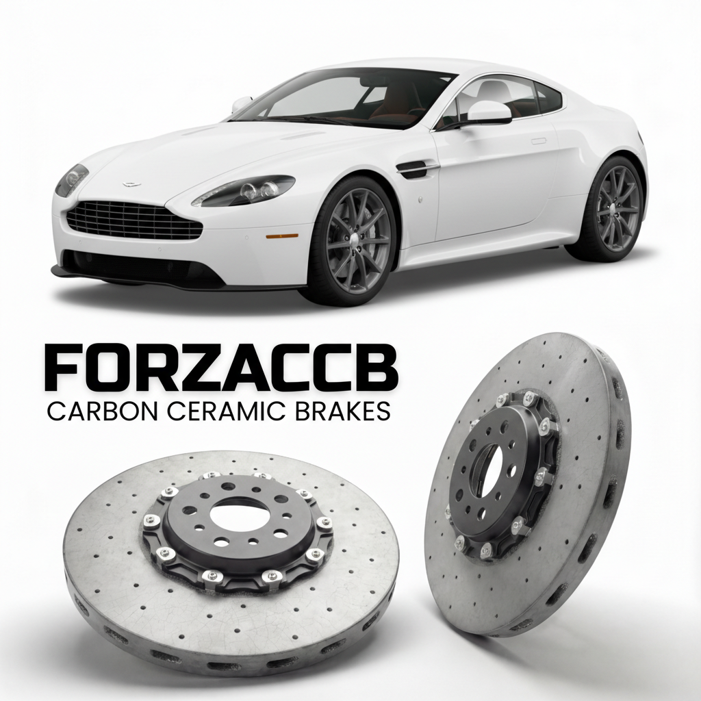 ForzaCCB direct OEM replacement carbon ceramic brake rotors for 2009 to 2017 Aston Martin Vantage VH models, shown with a white Aston Martin Vantage car.