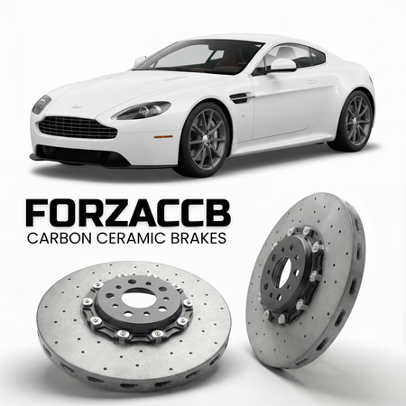 ForzaCCB direct OEM replacement carbon ceramic brake rotors for 2009 to 2017 Aston Martin Vantage VH models, shown with a white Aston Martin Vantage car.
