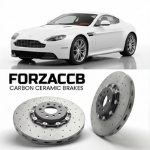 ForzaCCB direct OEM replacement carbon ceramic brake rotors for 2011 to 2017 Aston Martin Vantage VH models, shown with a white Aston Martin Vantage car.