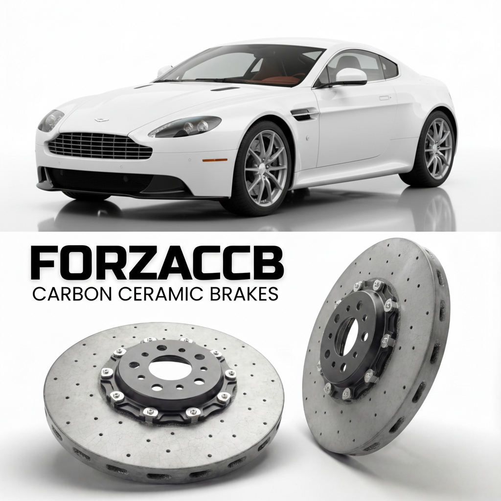 ForzaCCB direct OEM replacement carbon ceramic brake rotors for 2011 to 2017 Aston Martin Vantage VH models, shown with a white Aston Martin Vantage car.