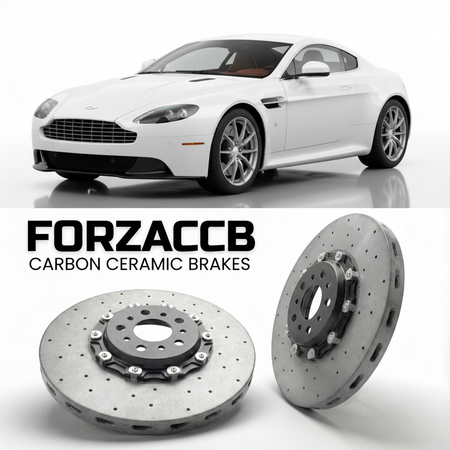ForzaCCB direct OEM replacement carbon ceramic brake rotors for 2011 to 2017 Aston Martin Vantage VH models, shown with a white Aston Martin Vantage car.