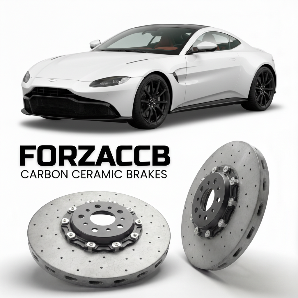ForzaCCB direct OEM replacement carbon ceramic brake rotors for 2018 and newer Aston Martin Vantage models, shown with a white Aston Martin Vantage car.