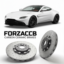 ForzaCCB direct OEM replacement carbon ceramic brake rotors for 2018 and newer Aston Martin Vantage models, shown with a white Aston Martin Vantage car.