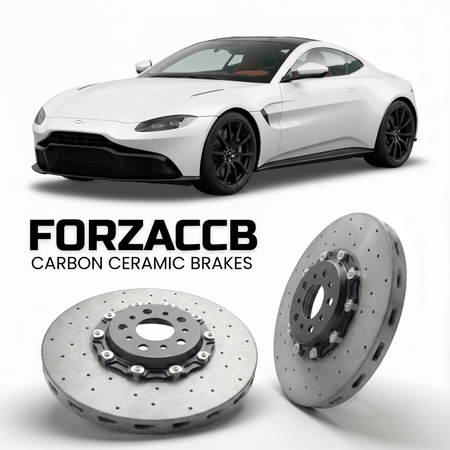 ForzaCCB direct OEM replacement carbon ceramic brake rotors for 2018 and newer Aston Martin Vantage models, shown with a white Aston Martin Vantage car.