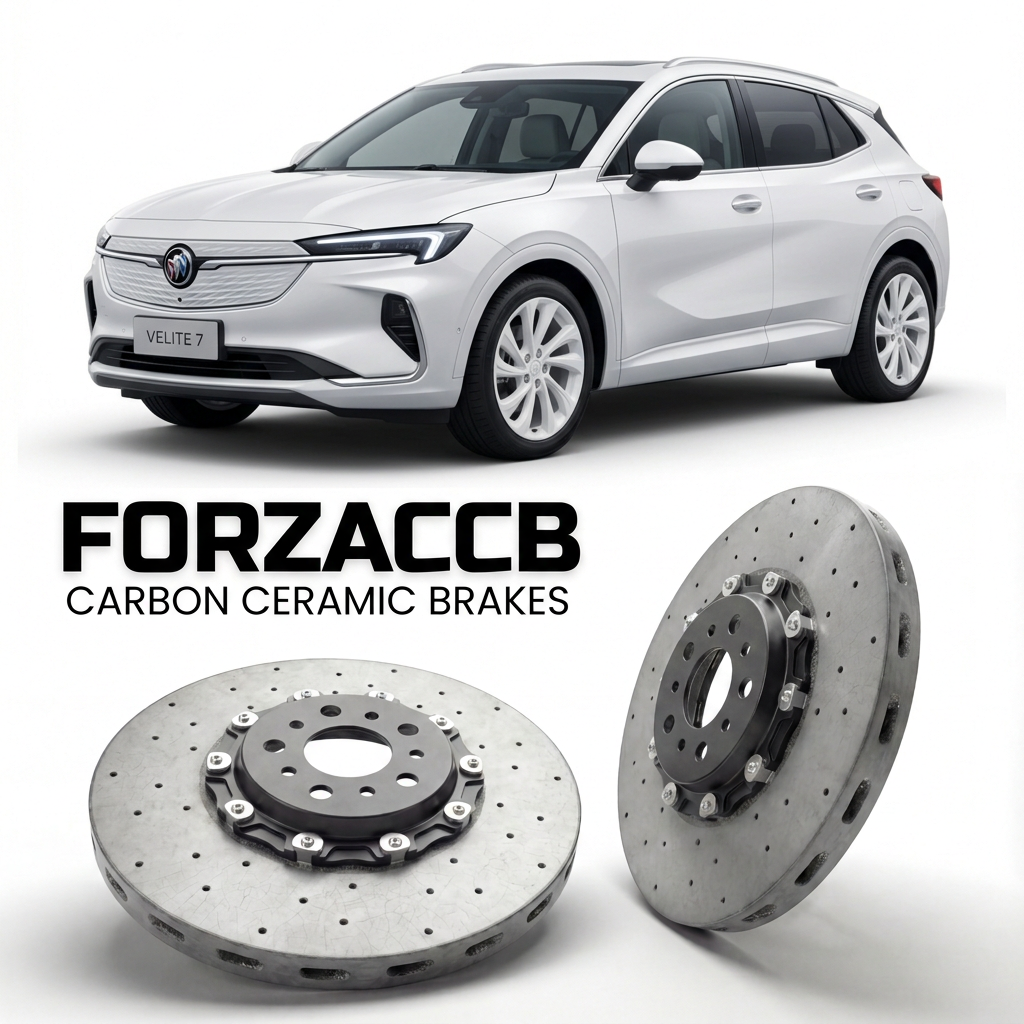 ForzaCCB direct OEM replacement carbon ceramic brake rotors for 2020 and newer Buick Velite 7 models, shown with a white Buick Velite 7 car.