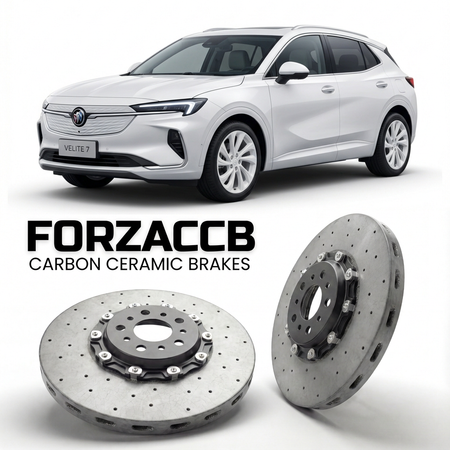 ForzaCCB direct OEM replacement carbon ceramic brake rotors for 2020 and newer Buick Velite 7 models, shown with a white Buick Velite 7 car.