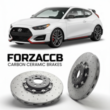 ForzaCCB direct OEM replacement carbon ceramic brake rotors for 2019 to 2022 Hyundai Veloster N models, shown with a white Hyundai Veloster N car.