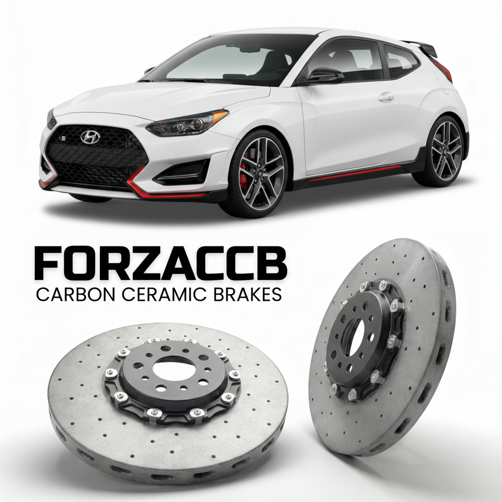 ForzaCCB direct OEM replacement carbon ceramic brake rotors for 2019 to 2022 Hyundai Veloster N models, shown with a white Hyundai Veloster N car.